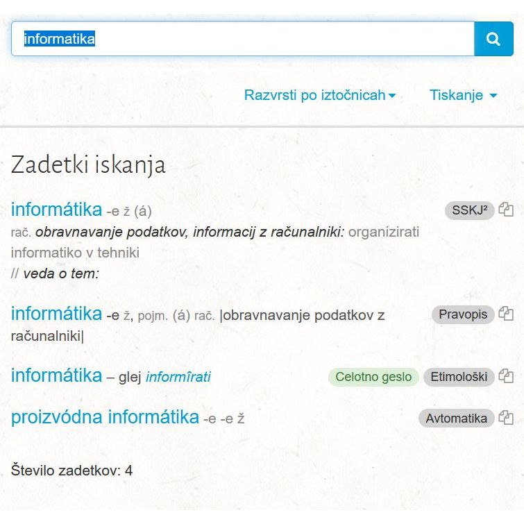 Sestavek za pojem "informatika" (source: Slovene e-dictionary www.fran.si, © ZRC SAZU)